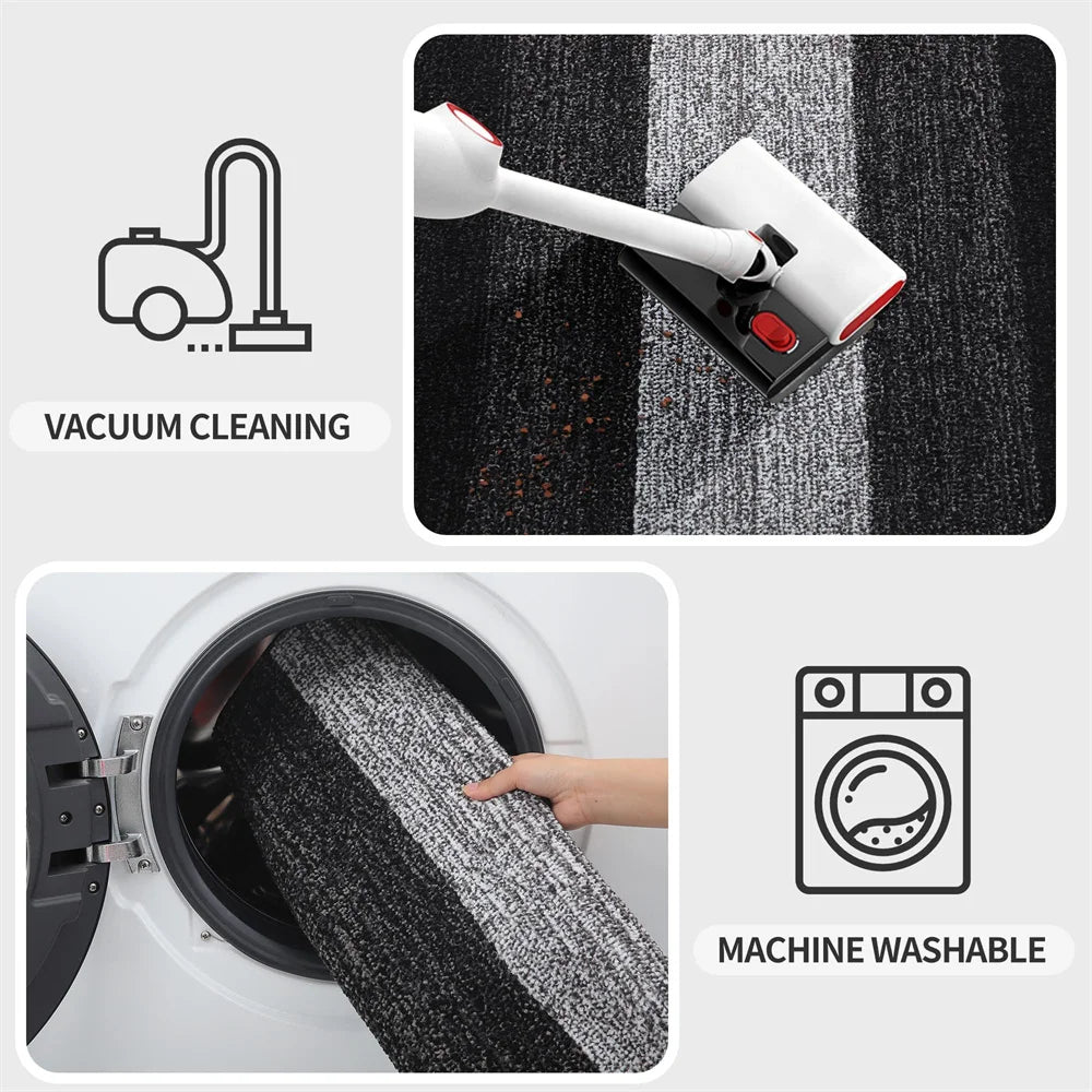 Vacuum cleaning and machine washing process with icons and text on a gray background