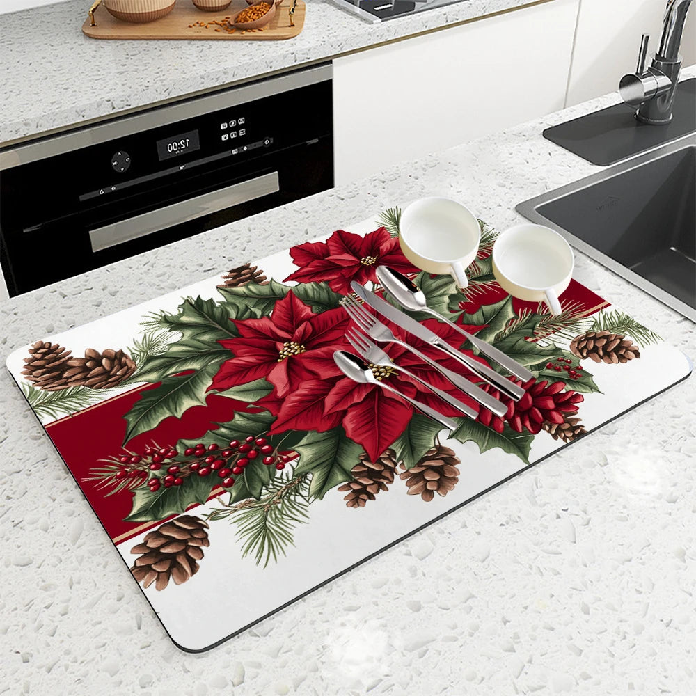 Christmas-themed placemat with poinsettias, pine cones, and cutlery on a kitchen counter.