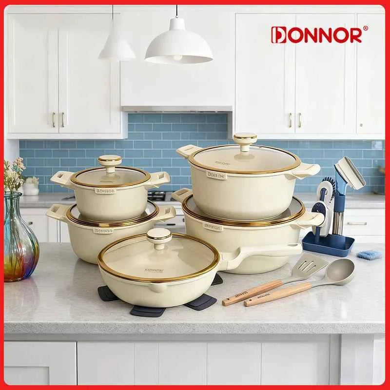 DONNOR 21Pcs Non-stick Cookware Set Soup Pots with Gold Plated Ring Glass Lid Aluminum Stew Pot Frying Pan Kitchen Cooking Pots