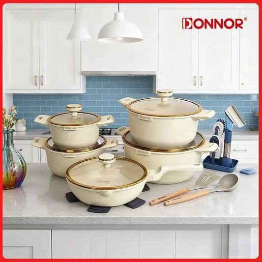 DONNOR 21Pcs Non-stick Cookware Set Soup Pots with Gold Plated Ring Glass Lid Aluminum Stew Pot Frying Pan Kitchen Cooking Pots