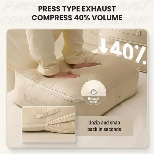 Inflatable bag with exhaust feature being compressed, showing a 40% volume reduction.