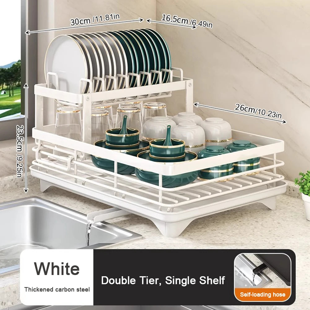 Adjustable 2-Tier Dish Drying Rack Steel Kitchen Plates Bowl Organizer