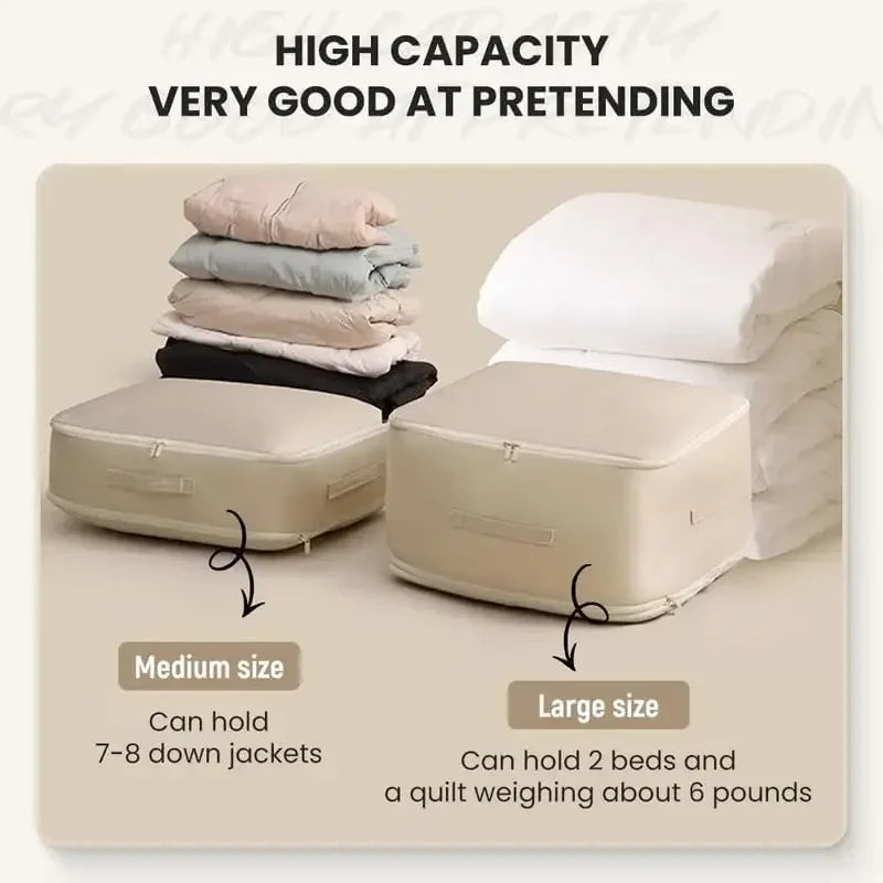 Two beige storage cubes with folded clothes on a neutral background, labeled for size and capacity.