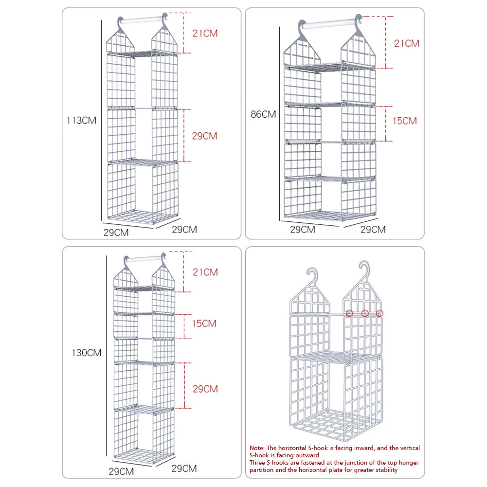 Dimensions of metal wire shelves with measurements in centimeters.