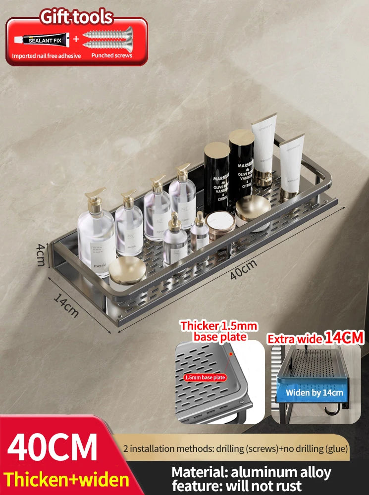 Metallic shelf with cosmetic products on a neutral background, featuring dimensions and material information.