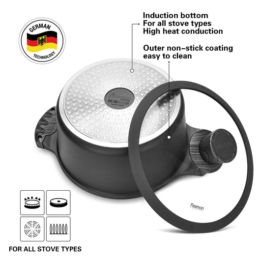 Black frying pan with lid labeled 'German Technology' on a white background