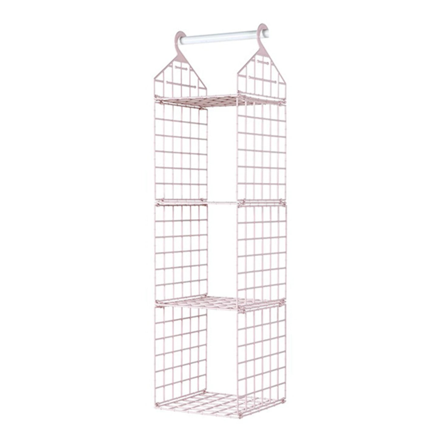 Wire mesh storage tower with multiple shelves on a white background