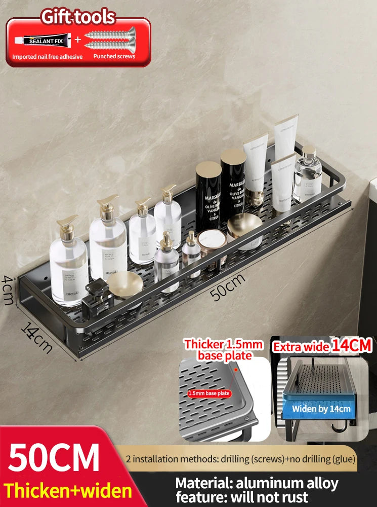Bathroom shelf with cosmetic products on a neutral background, featuring dimensions and material information.
