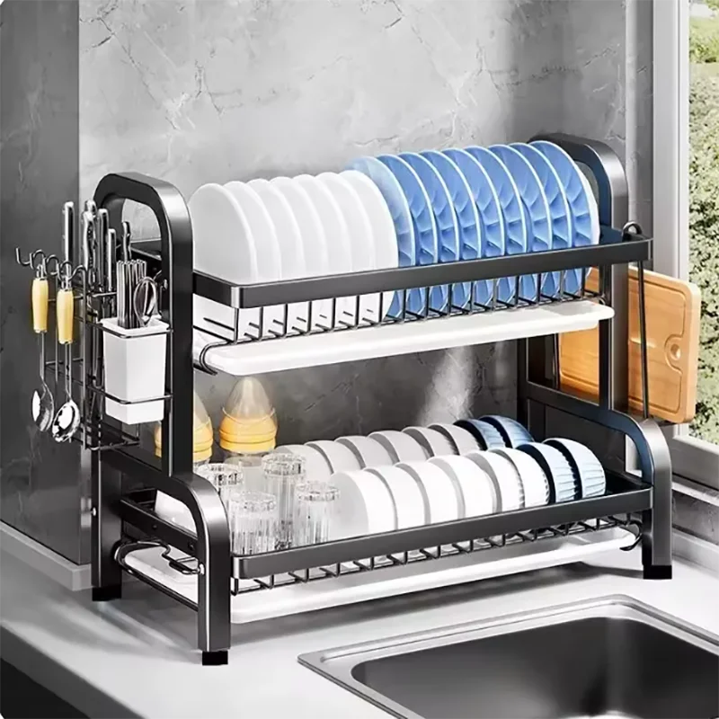2-Tier Dish Drying Rack with Drainboard & Utensil Holder, Rust-Proof