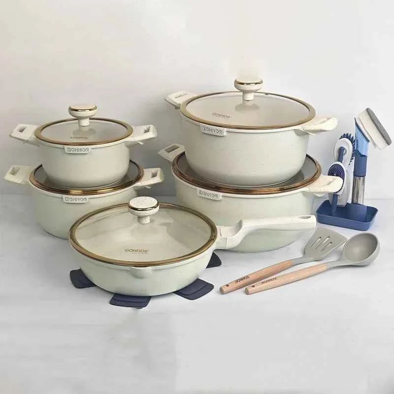 DONNOR 21Pcs Non-stick Cookware Set Soup Pots with Gold Plated Ring Glass Lid Aluminum Stew Pot Frying Pan Kitchen Cooking Pots