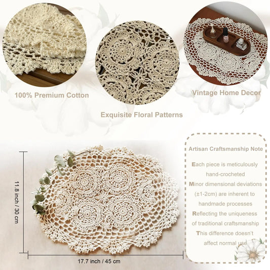 Set of crocheted doilies with floral patterns, labeled as 100% premium cotton and suitable for vintage home decor.
