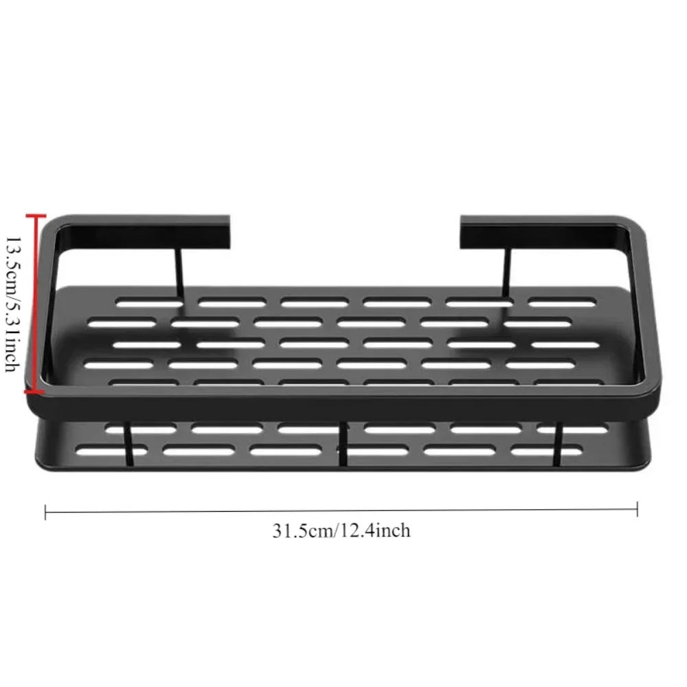 Black metal shelf with dimensions on a white background