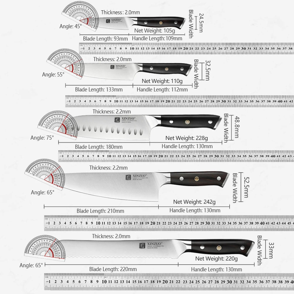 Set of knives with measurement details on a white background