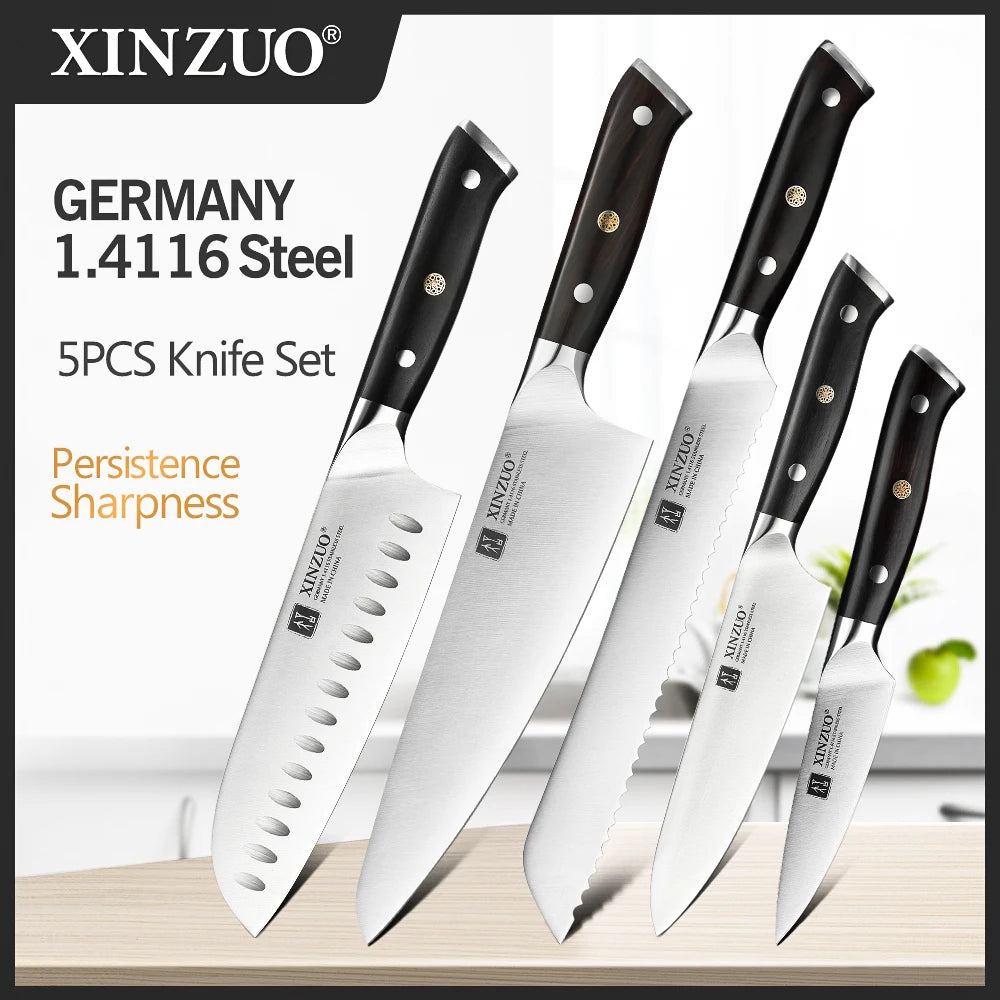 Set of five knives with black handles on a white background, featuring the brand XINZUO.
