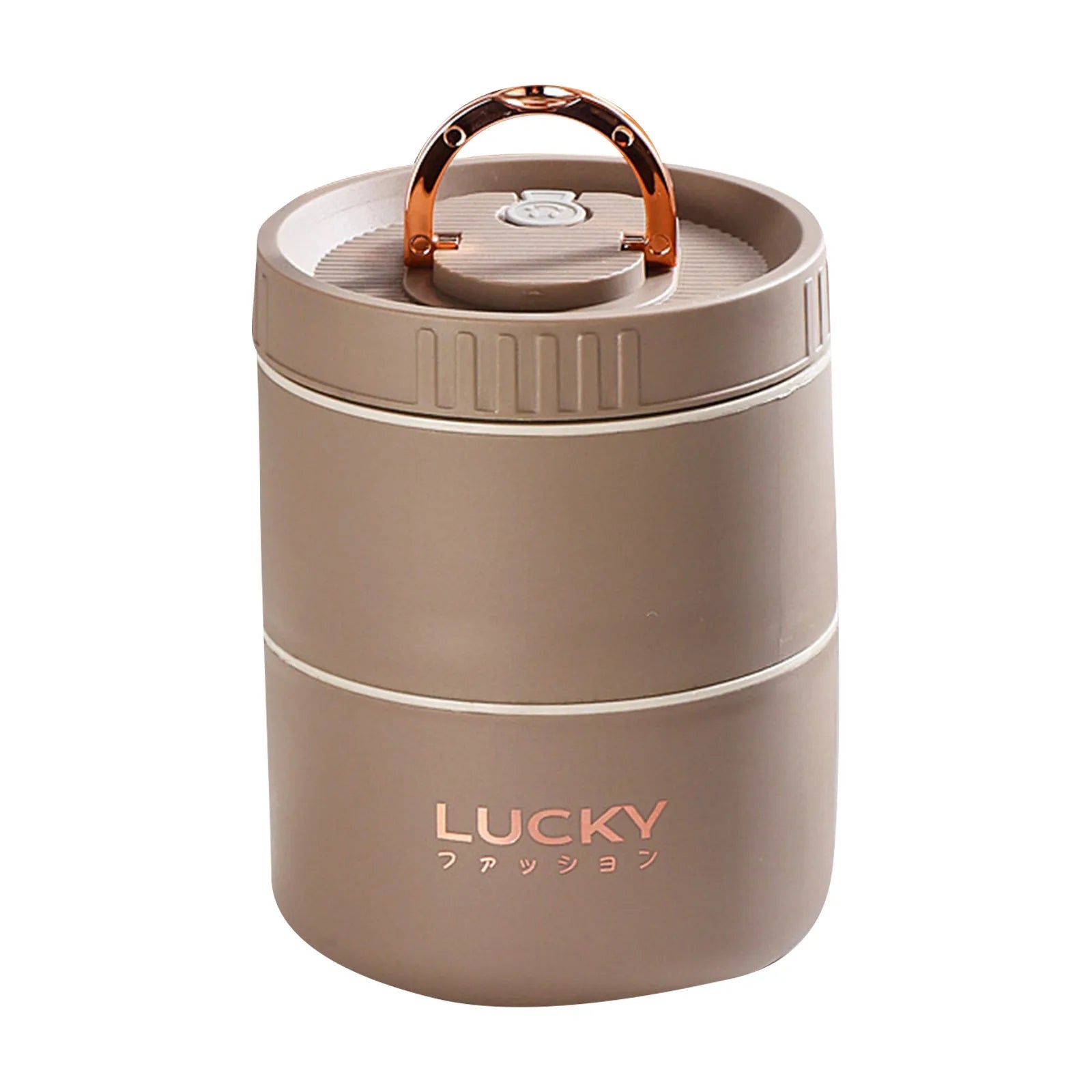Beige thermos with rose gold handle on a white background