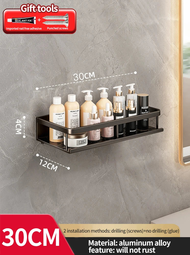 Wall-mounted shelf with skincare products on a gray wall, showing dimensions and material details.