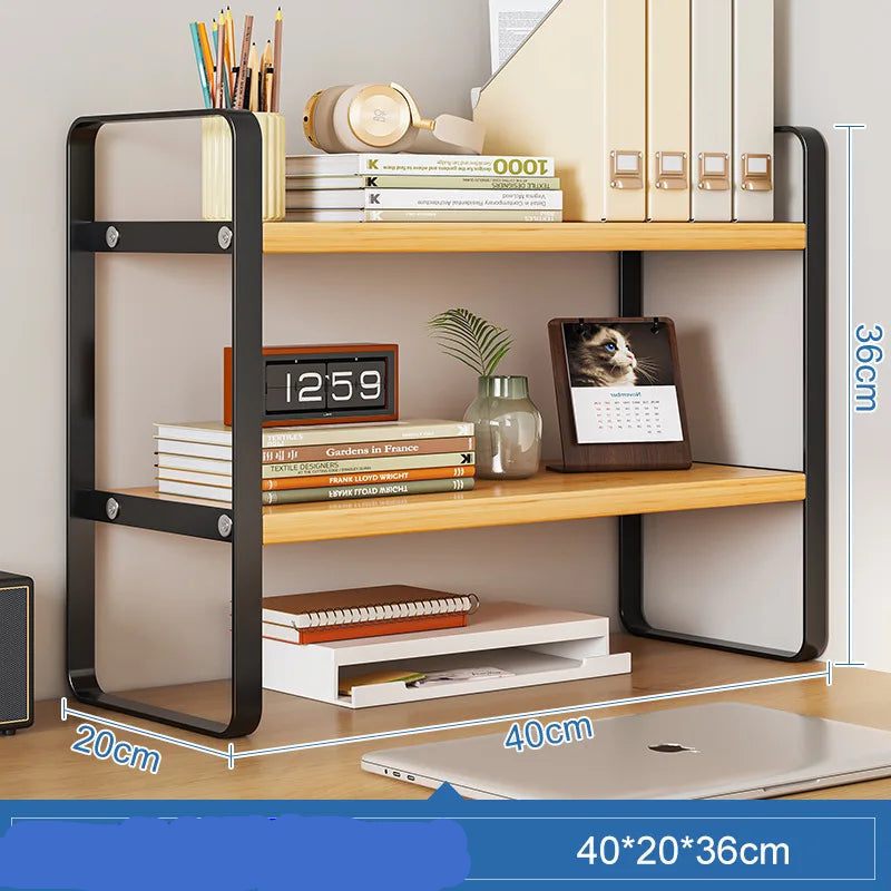 Wooden shelf with books, stationery, and a laptop on a desk with dimensions displayed.