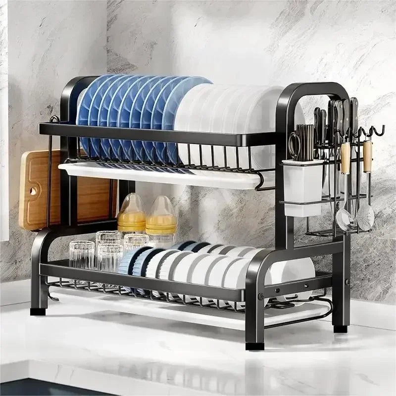 2-Tier Dish Drying Rack with Drainboard & Utensil Holder, Rust-Proof