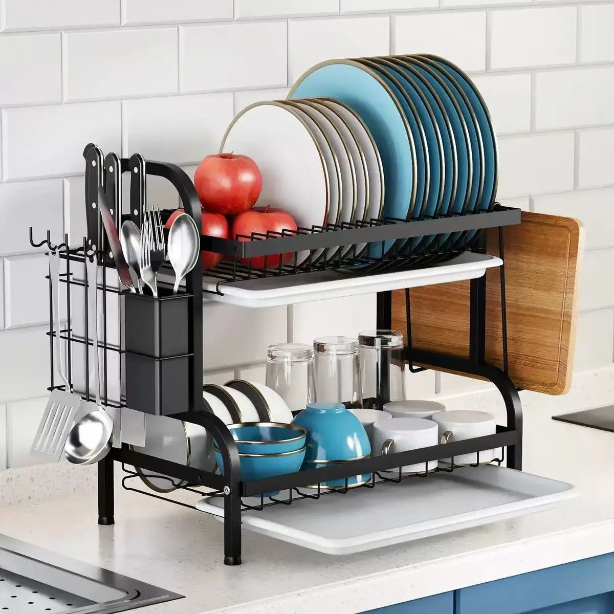 2-Tier Dish Drying Rack with Drainboard & Utensil Holder, Rust-Proof