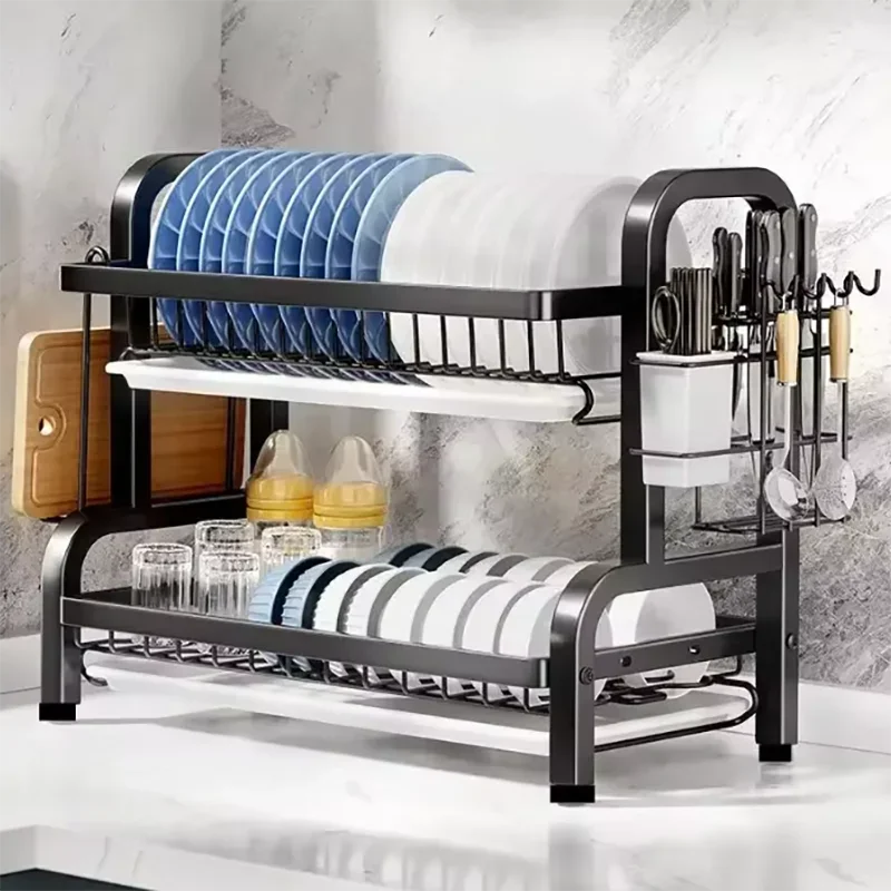 2-Tier Dish Drying Rack with Drainboard & Utensil Holder, Rust-Proof
