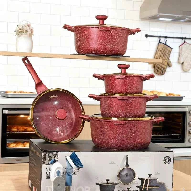 DONNOR 21Pcs Non-stick Cookware Set Soup Pots with Gold Plated Ring Glass Lid Aluminum Stew Pot Frying Pan Kitchen Cooking Pots
