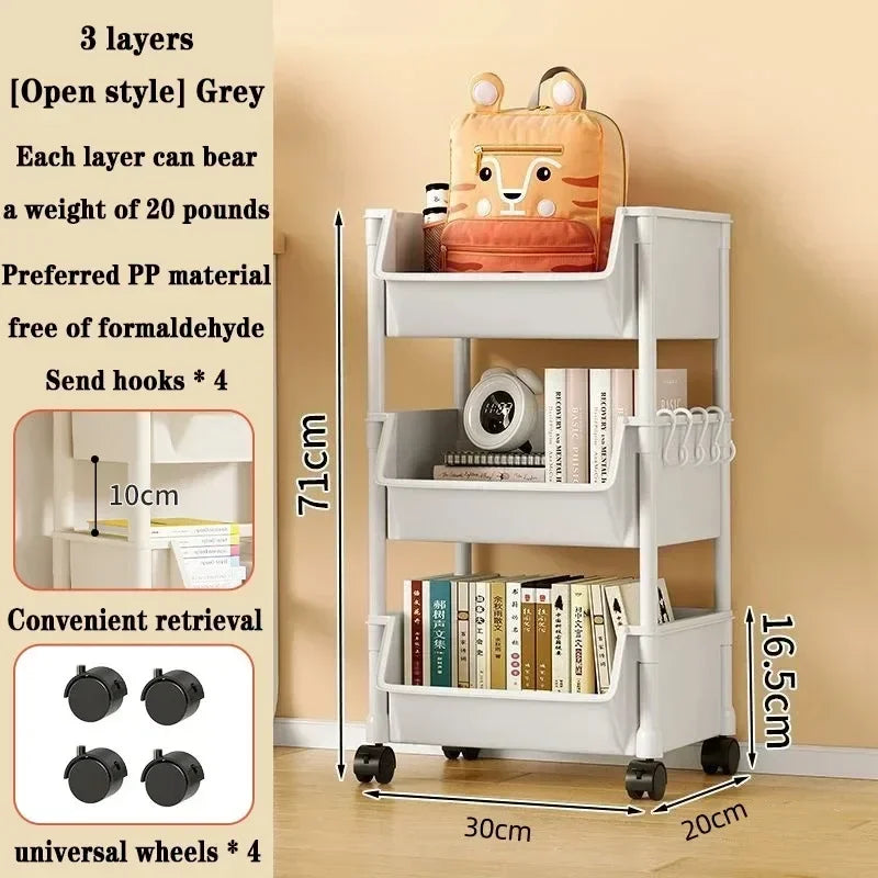 White three-layer shelf with measurements and product details on a beige background
