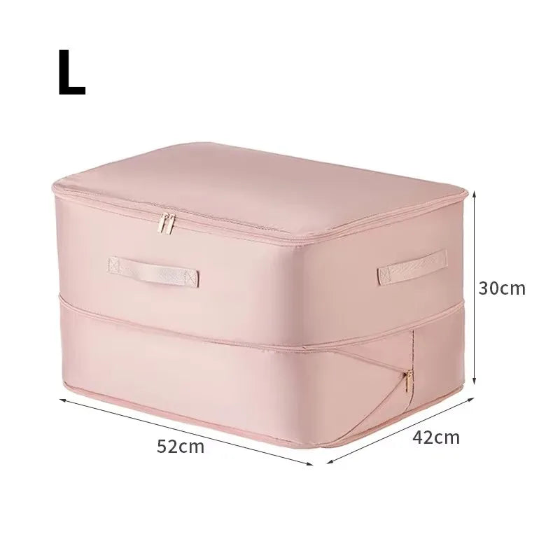 Pink storage box with dimensions on a white background