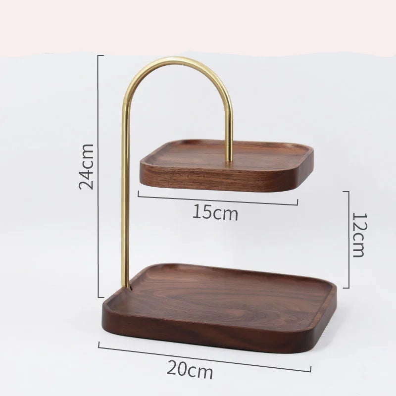 Wooden tiered stand with gold metal arch, dimensions labeled