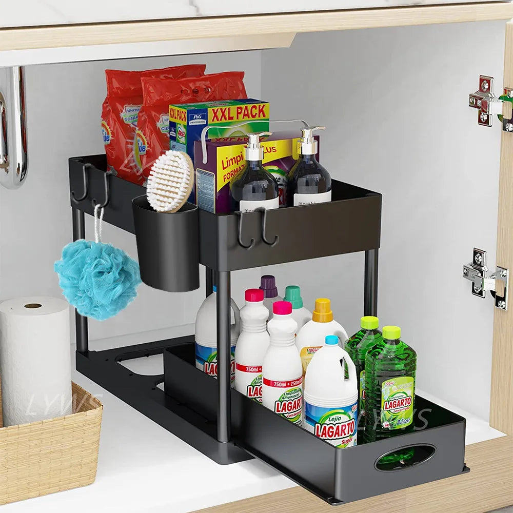 Cabinet organizer with cleaning supplies and kitchen items inside a kitchen cabinet.