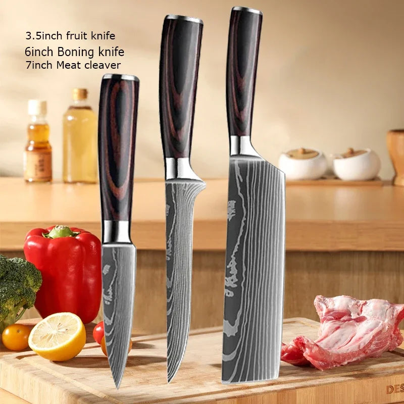 Professional Laser Knife Set, Chef, Santoku, Cleaver & Boning Knife