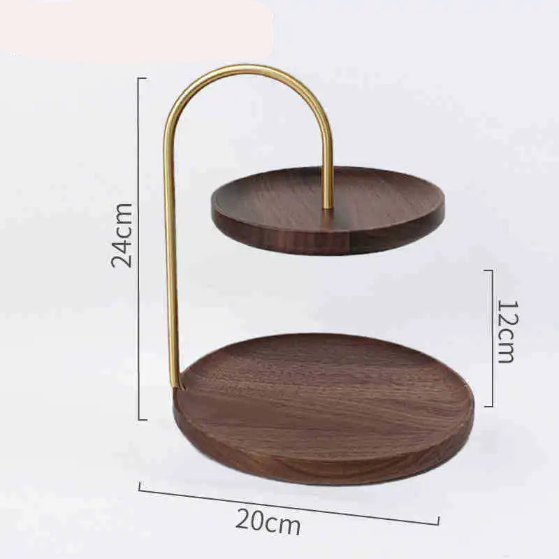 Two-tier wooden stand with brass handle and dimensions on a white background