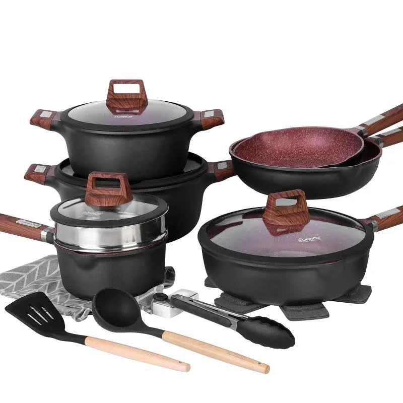 DONNOR 17pcs/set Non Stick Uncoated Frying Pan with Lid Cookware Aluminum Granite Soup Pot Milk Pot Stove Universal Kitchen Tool