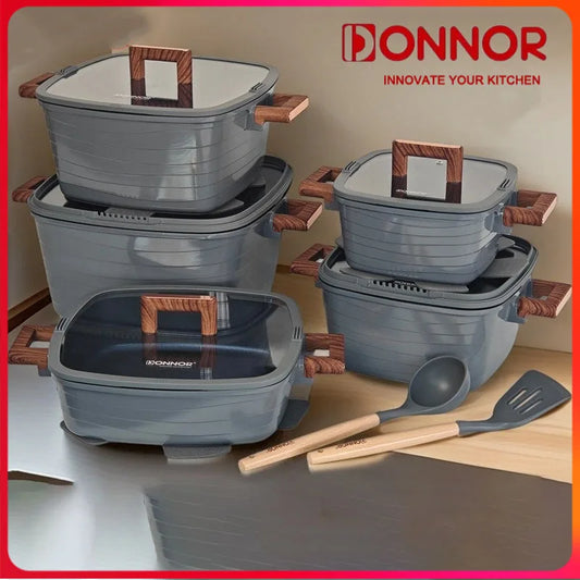 DONNOR 15-Piece Aluminum Nonstick Square Cookware Pot Set with Lids