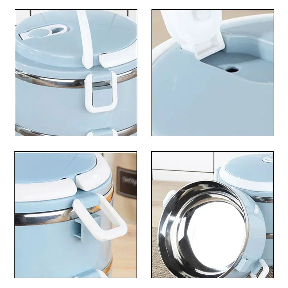 Collage of a blue and white container with various angles shown.