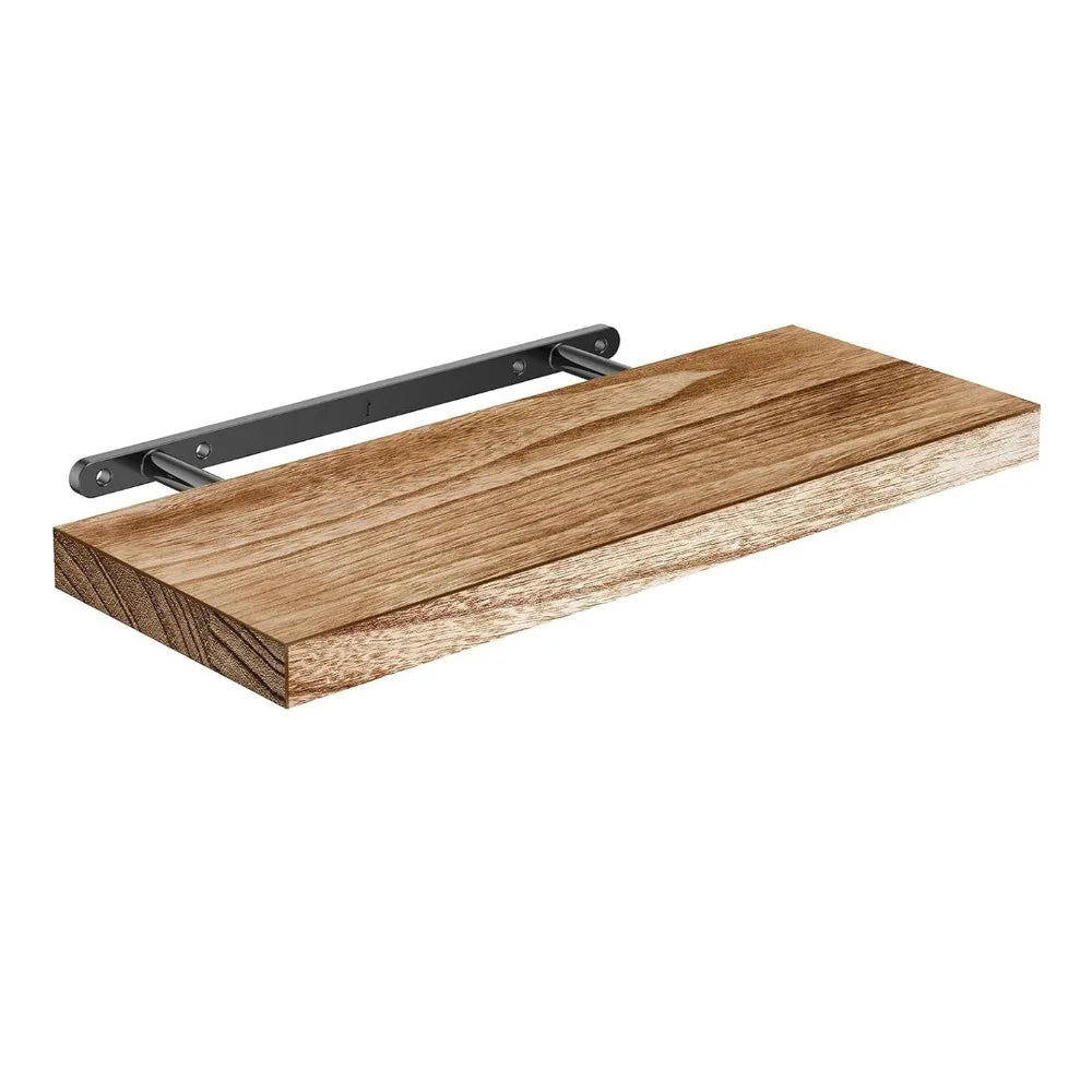 Wooden shelf with metal bracket on a white background