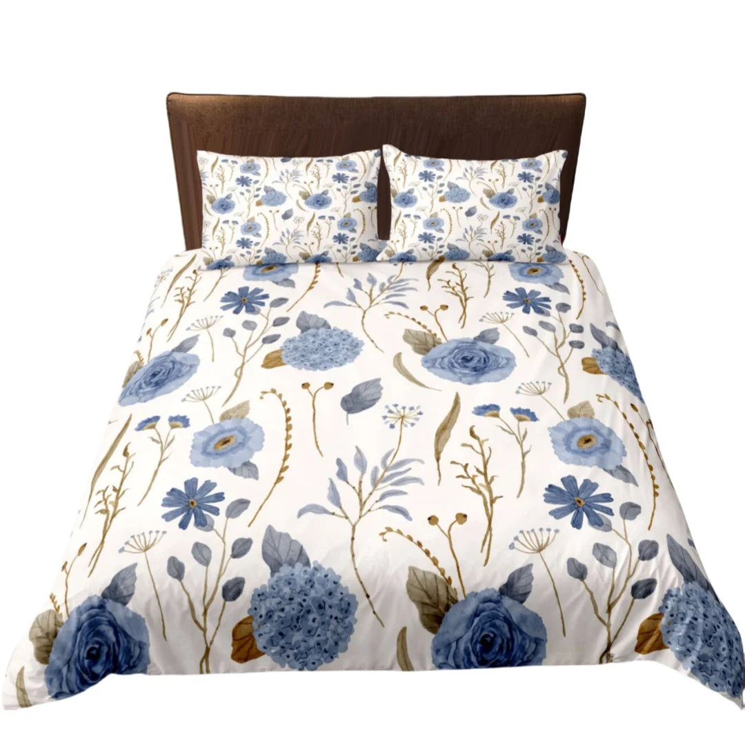 Floral bedding set with blue flowers on a white background