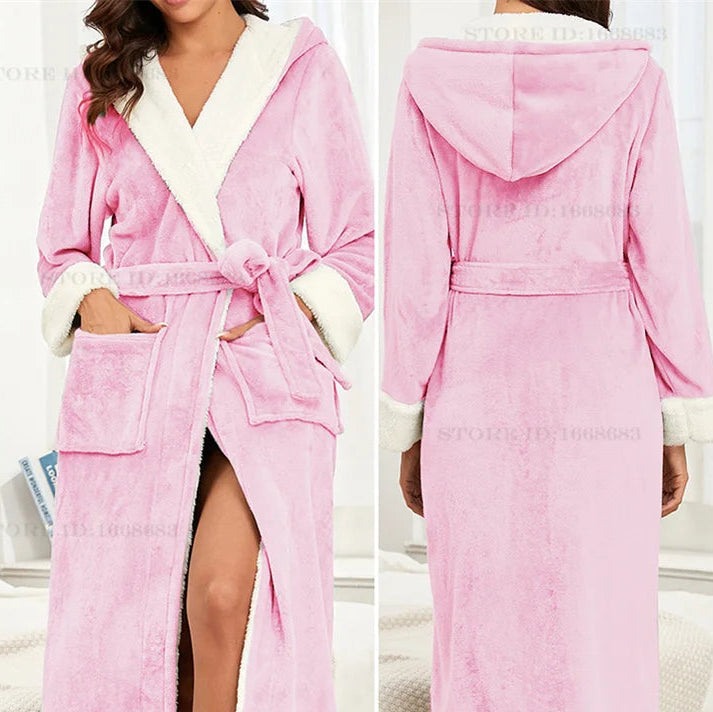 Pink robe with white trim worn by a model, shown from front and back views.