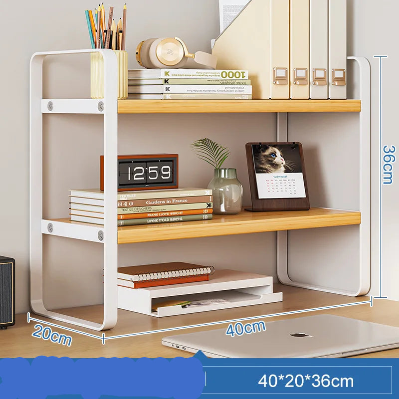 Wooden shelf with books, stationery, and a laptop on a desk with measurements indicated.