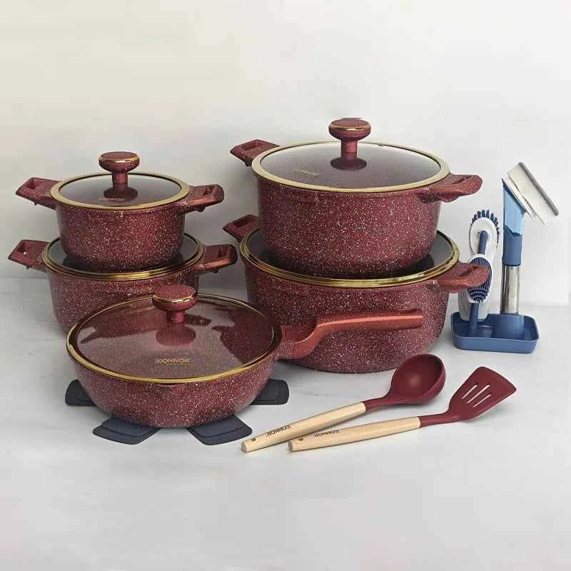 DONNOR 21Pcs Non-stick Cookware Set Soup Pots with Gold Plated Ring Glass Lid Aluminum Stew Pot Frying Pan Kitchen Cooking Pots