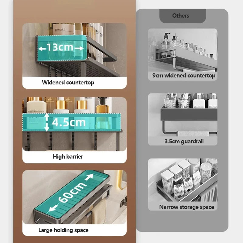 Product features with measurements and descriptions on a brown and gray background