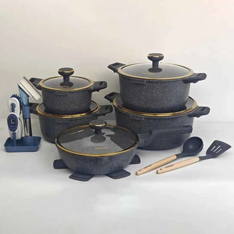 DONNOR 21Pcs Non-stick Cookware Set Soup Pots with Gold Plated Ring Glass Lid Aluminum Stew Pot Frying Pan Kitchen Cooking Pots