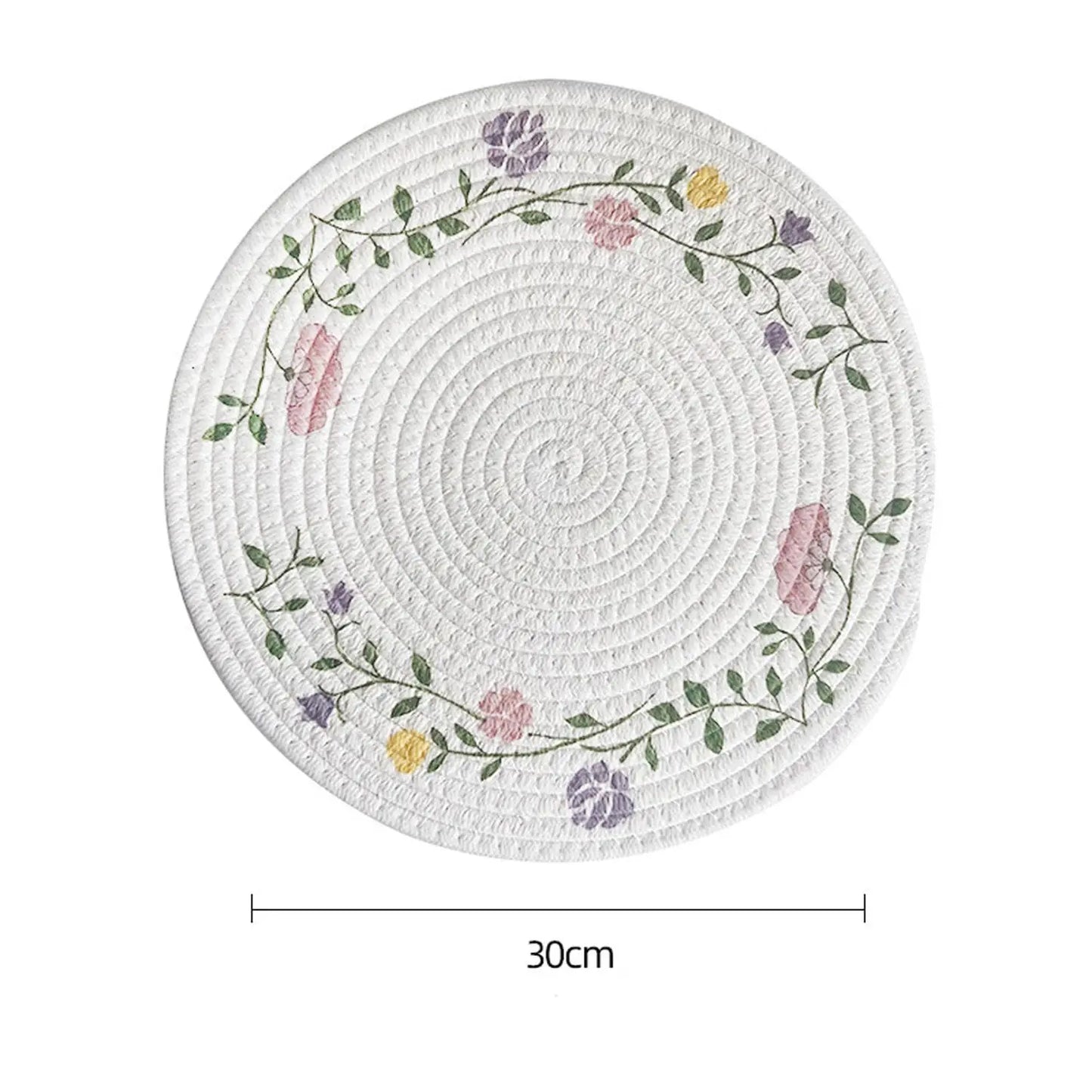Round woven placemat with floral patterns and dimensions on a white background