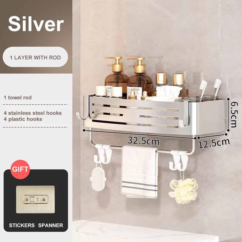 Silver wall-mounted shelf with hooks and measurements on a neutral background