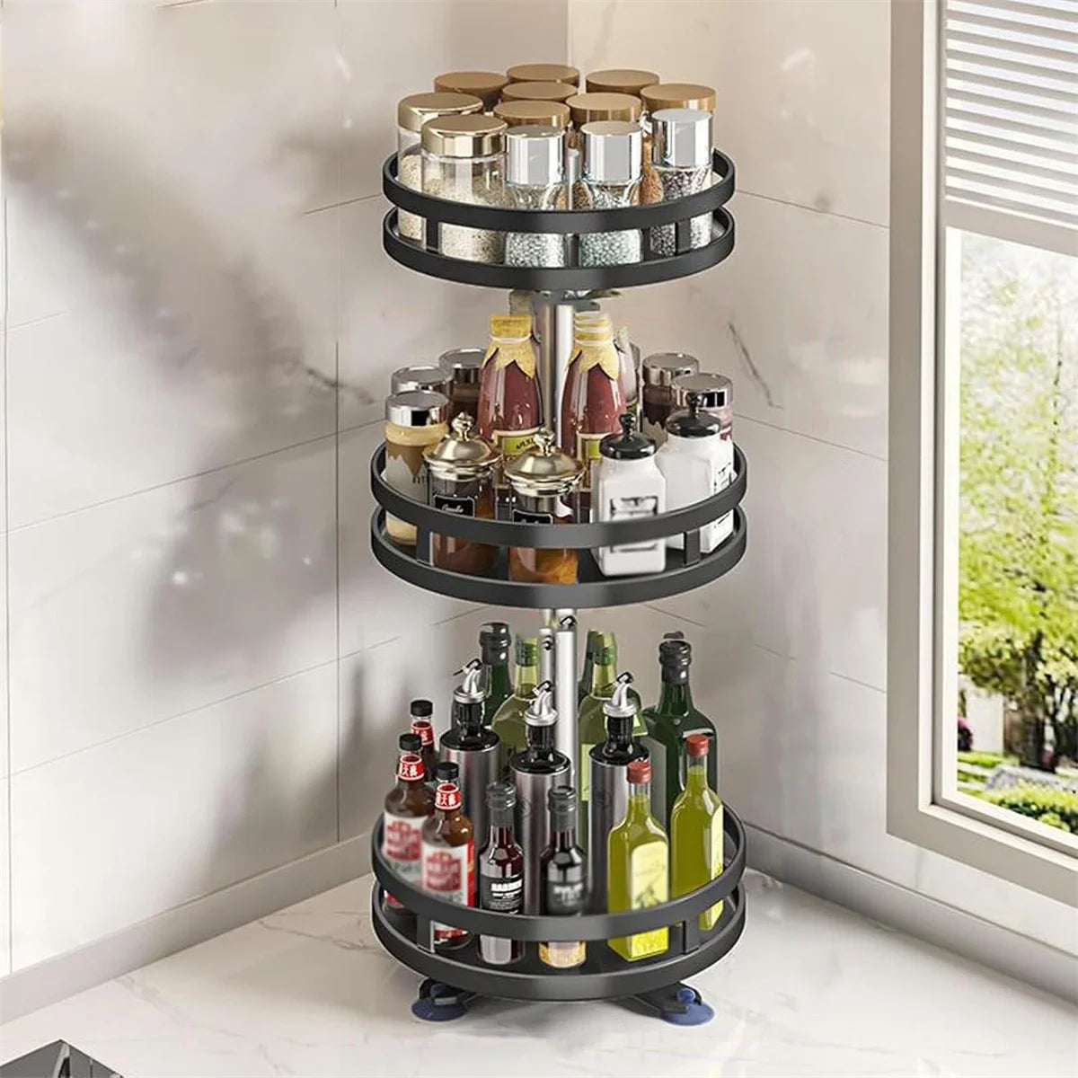 Three-tiered metal organizer with bottles and jars on a kitchen counter.