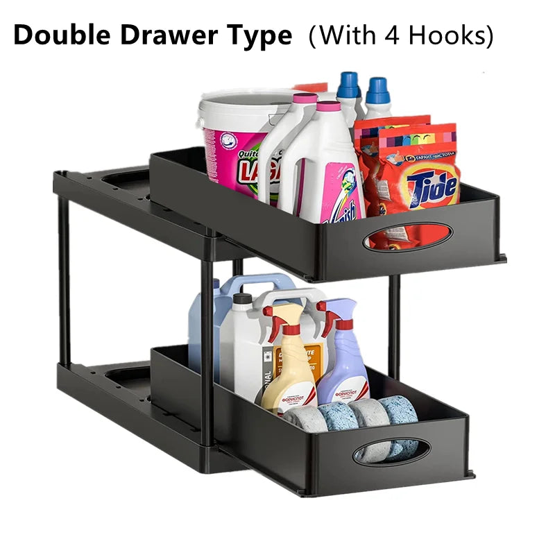 2-Tier Under Sink Organizer Sliding Cabinet Rack with Hooks
