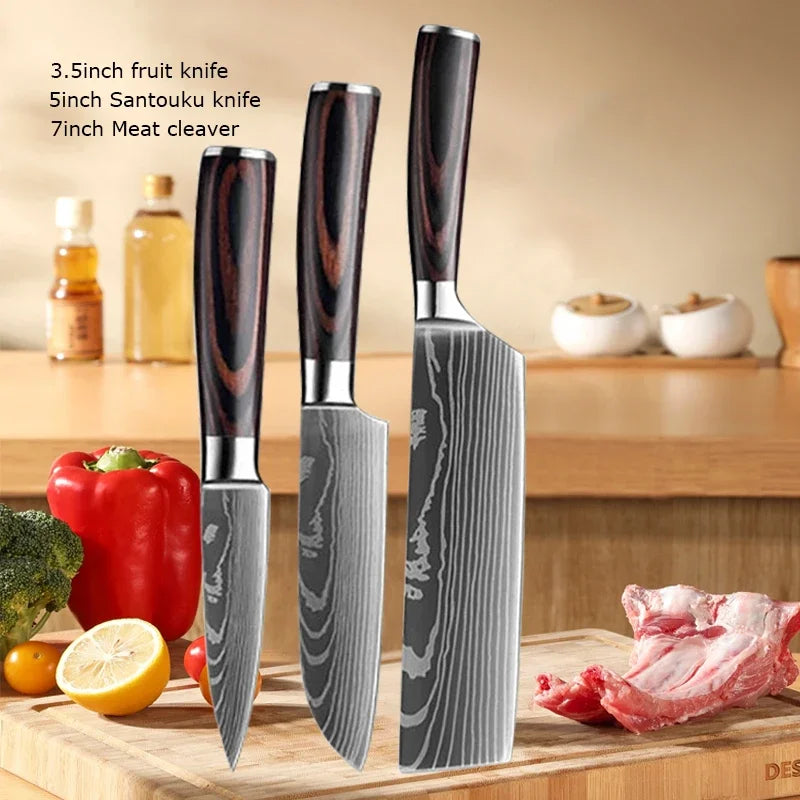 Professional Laser Knife Set, Chef, Santoku, Cleaver & Boning Knife