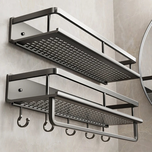 Bathroom shelf with hooks on a tiled wall