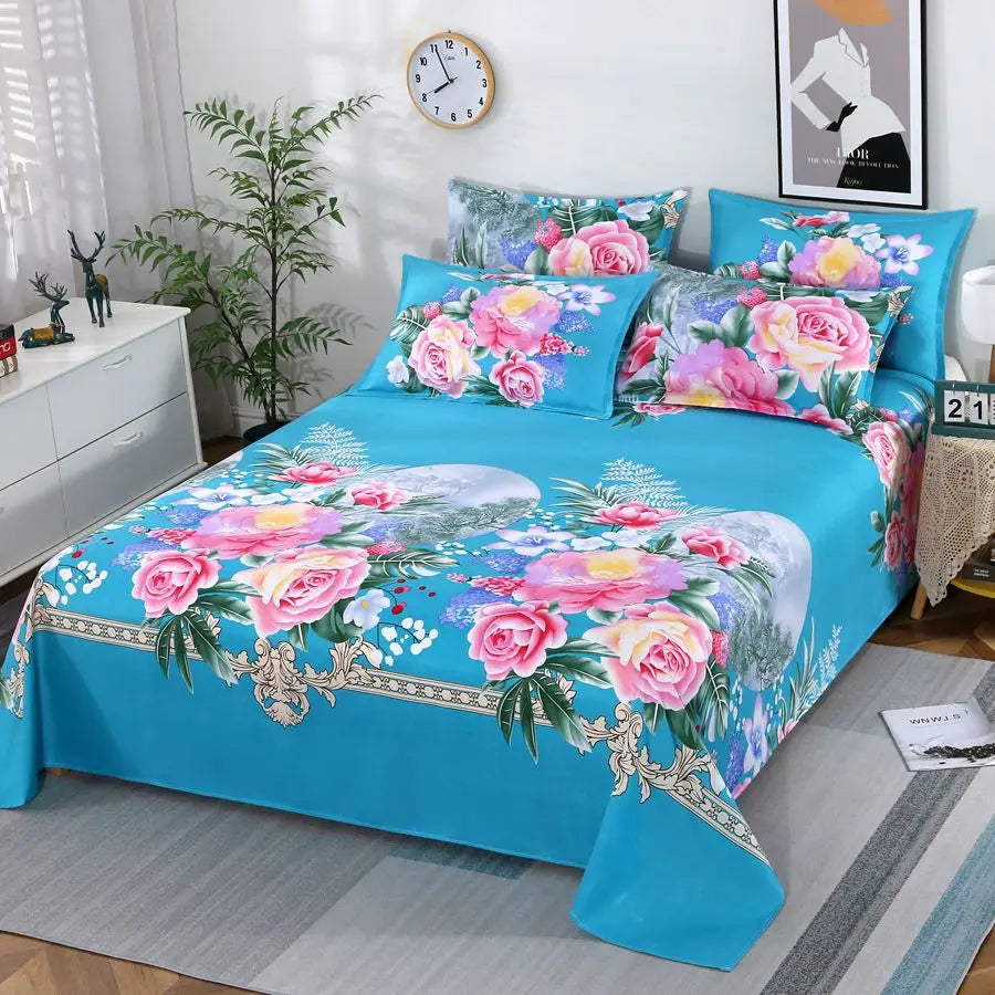 Floral bedspread set on a bed in a room with decor elements.