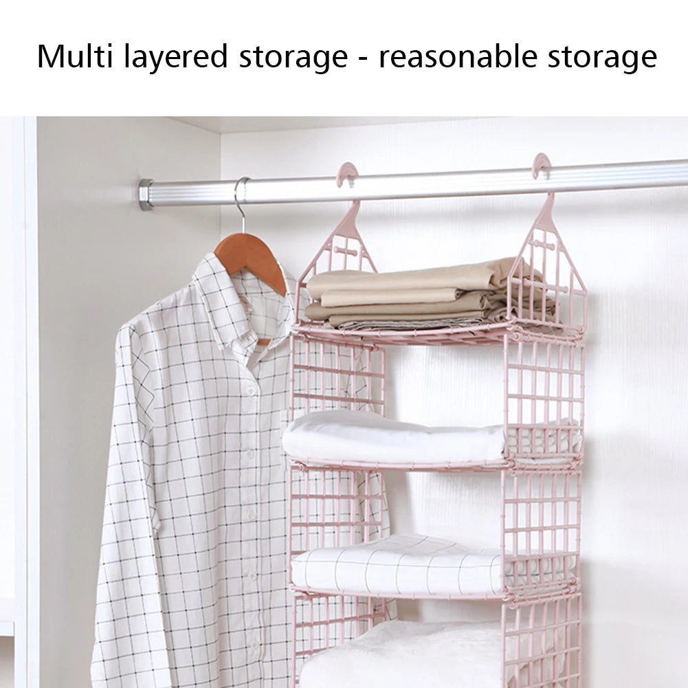 Multi-layered storage organizer with clothes hanging on a rack
