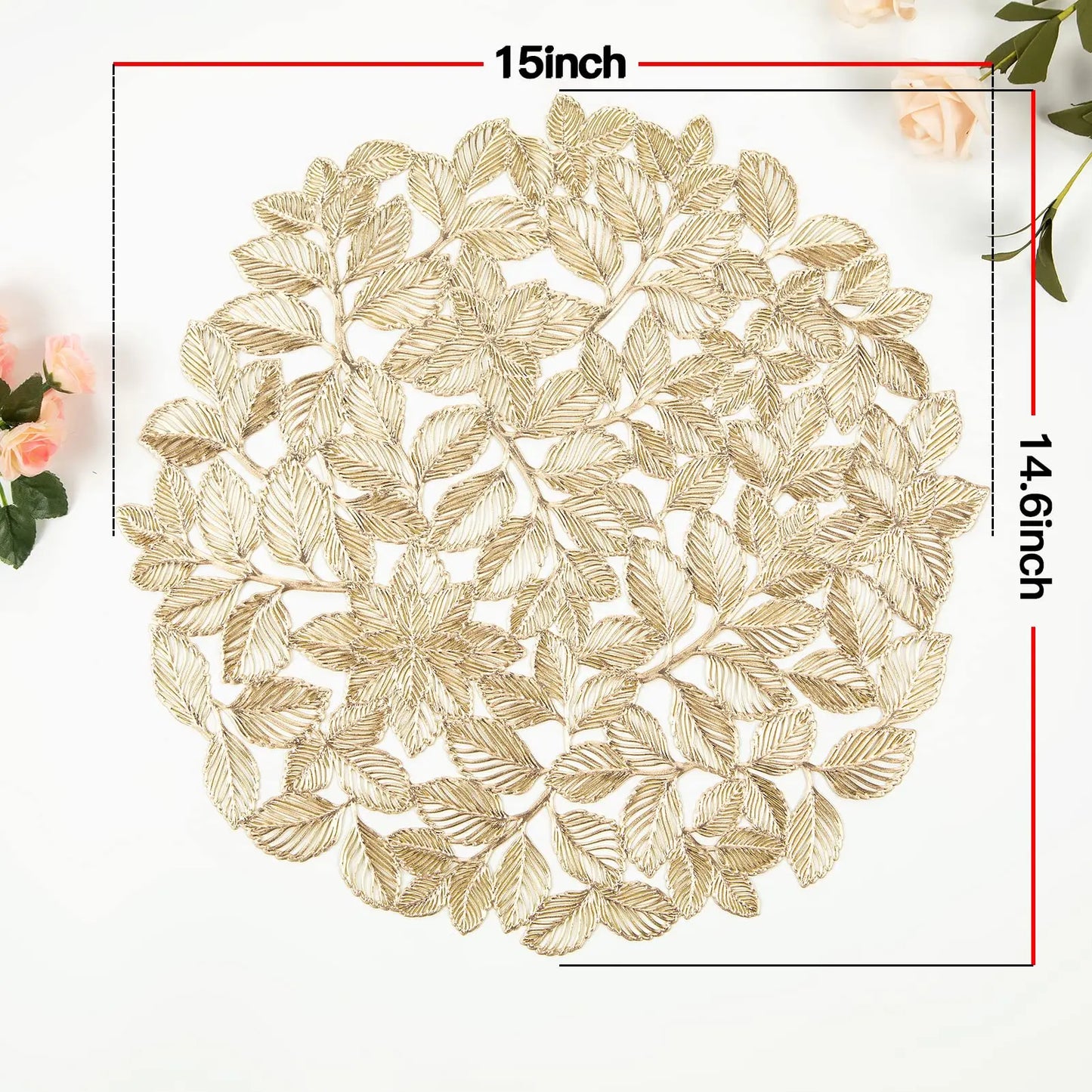 15" Gold Leaf Round Placemats Set of 6 – Non-Slip Wipeable Mats